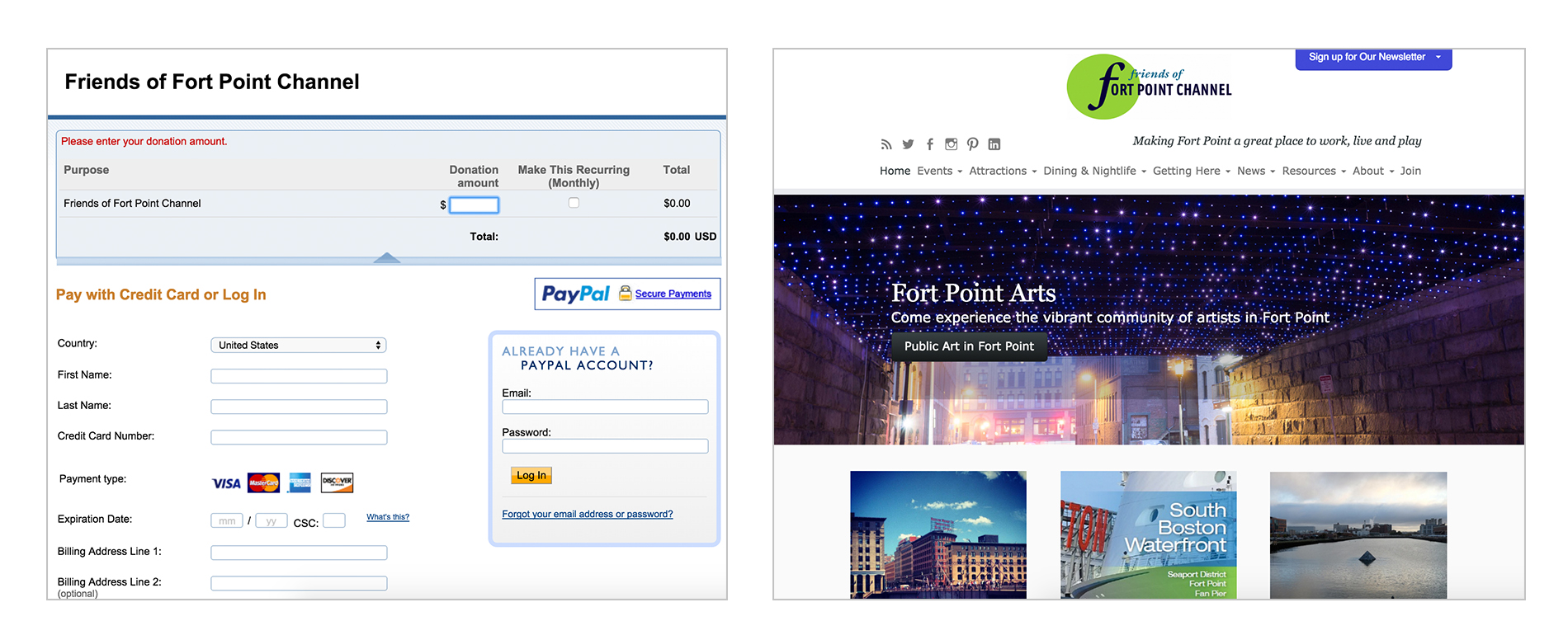 Current donations page (left) and homepage (right)
