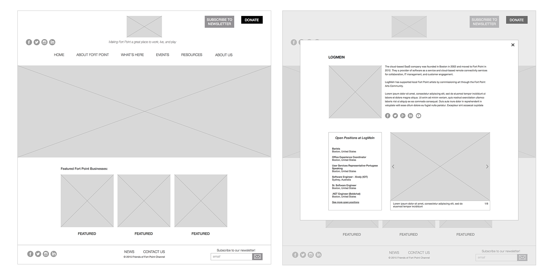 Homepage (left), Featured business modal (right).